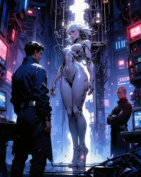 A high-tech cyberpunk laboratory interior filled with glowing neon lights, deep blue and purple tones, and advanced futuristic machinery. One male scientist or tech engineer in a sleek futuristic lab coat is focused, working on a nearly complete, seductive...