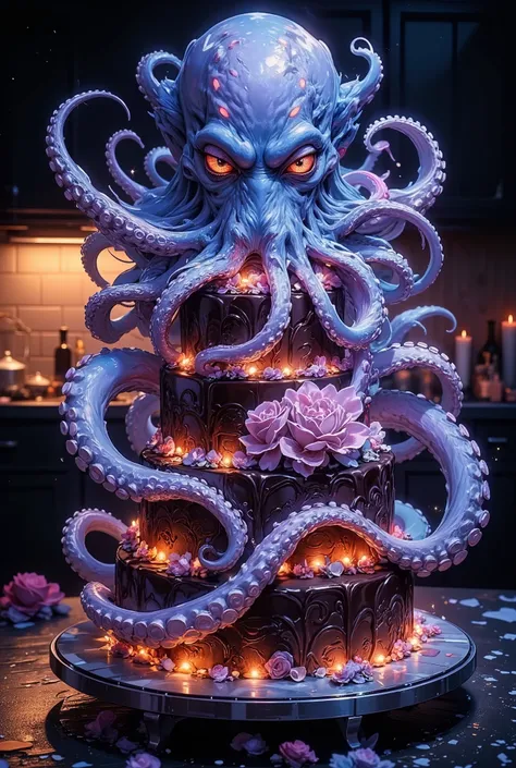 A surreal transformation scene: a festive multi-tiered cake with cream roses and chocolate icing turns into a glowing octopus. The lower layers melt, turning into translucent mother-of-pearl tentacles, and the upper tier forms the head of a cephalopod with...