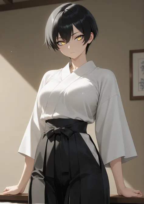 masterpiece, newest, Best Resolution, HD Quality, good lighting, safe. beautiful, anime, good anatomy, Japanese woman, . Very short black hair. Golden-yellow eyes, dark eyelashes, piel clara, slim build, Medium Breasts Size D, slightly muscular. She is 24 ...