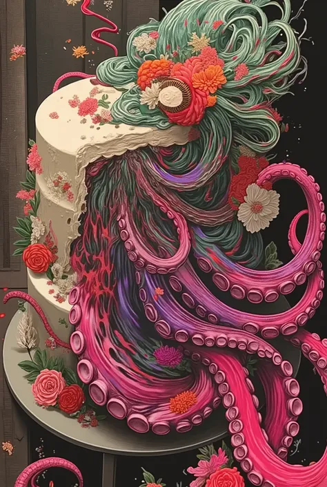 This digital work of art is a surreal abstract image of a vibrant three-tiered cake at the moment of a surreal transformation. The creamy surface of the cake is distorted in space, gradually turning into a luminous wet octopus. The octopus's eyes sparkle o...