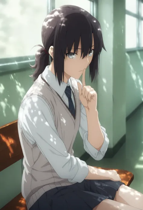 masterpiece, best quality, amazing quality, highres, absurdres, very aesthetic, high resolution, ultra detailed, perfect details, day, , indoors, ufotable style, school, hallway, (dappled sunlight), backlight, ,from above, from side, cowboy shot,
1girl,...