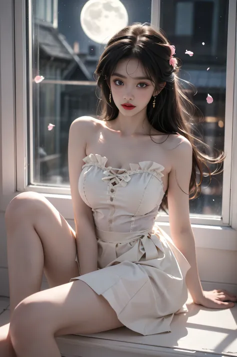 wlyg \(manaka nemu\),wathet dress ,, ((masterpiece, best quality, ultra highres, realistic:1.4)), mix4, (At night, moonlight:1.3), beautiful detailed face, (photorealistic:1.37), ((single bare shoulder)), (sexy long legs:1.2), slender figure, ((By the wind...