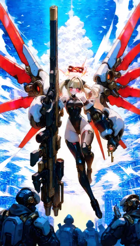1 , high definition, anatomic correct, top quality, cyberpunk,写真 of a pretty-mechanical life form-girl,extremely cute extremely adorable (blush),ダイナミックflying air battleing by huge glowing spectral oversized-huge-wings in sky ,((DYNAMIC GUN SHOOTINGPoses ,D...