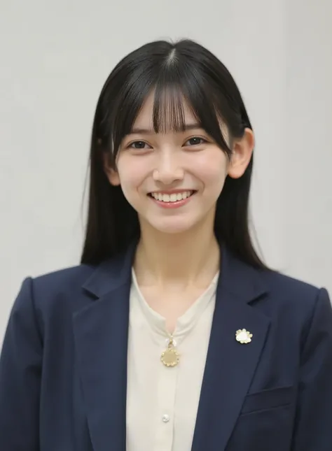 Neat Young Woman、and look at the camera、office lady suit、jacket、shirt、necklace、ear piercing、漆黒の髪、、smile showing teeth、背景はオフィス