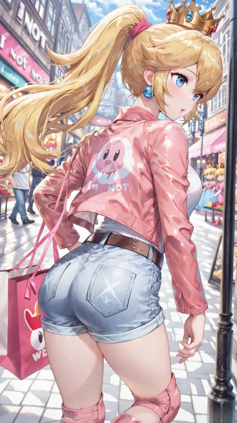 ((best quality)) (masterpiece) (details)Princess Peach from Mario Bros.、I'm wearing a small pink leather jacket with an open front、I'm wearing a white t-shirt with no pattern on the inside、wearing denim shorts、wearing a brown belt、I'm wearing pink knee pad...