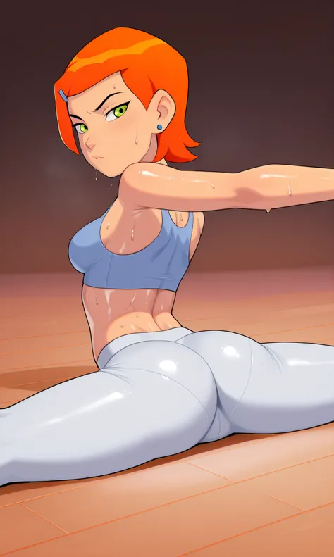 masterpiece, best quality, high quality, Gwen_Tennyson, 1girl, solo, orange hair, short hair, green eyes, medium breasts,   side sitting split, sitting split, split, sweat, oiled skin, on the floor, legs spread, yoga pants, sports bra, from behind, ass, lo...