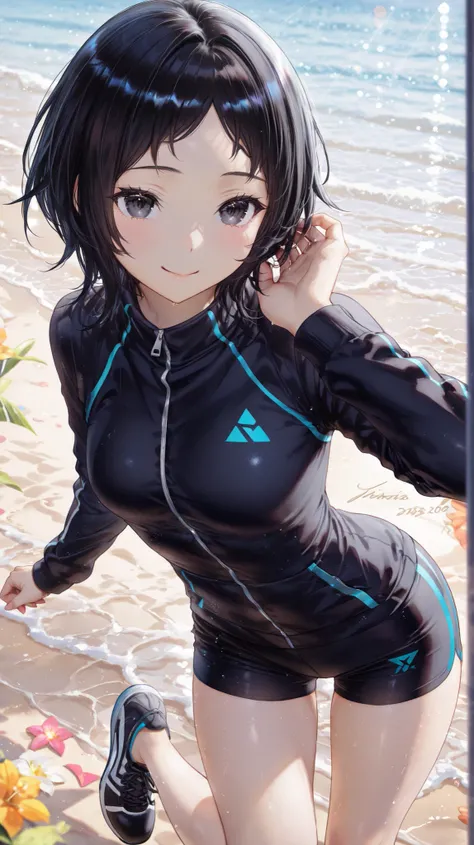 ((masterpiece))、(details)、I'm wearing long sleeves made of dark blue smooth fabric that fits my figure、With zipper、blue stripe、Short black leggings that show bare legs、Black running shoes、sexy、short black hair、No bangs、black eyes、petite figure、beach、delica...