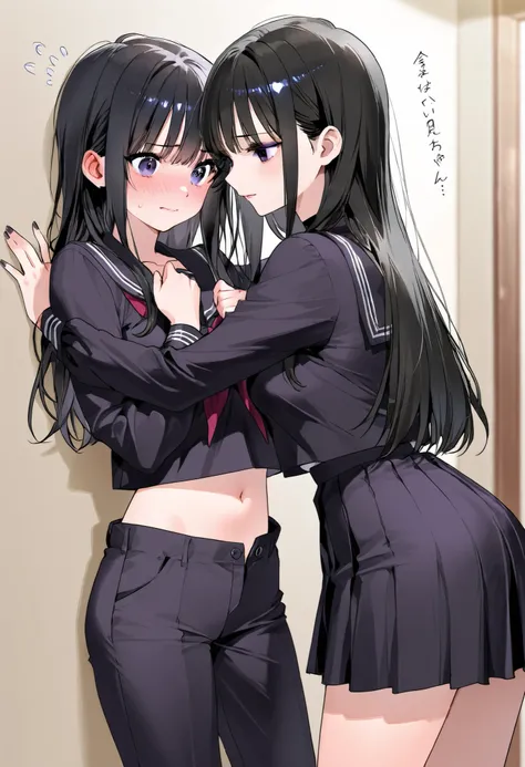 Japanese、Long Black Hair、Two women、goth fashion、and the navel is visible、hugging each other、The woman in her school uniform is leaning against the wall looks embarrassed、pants are down