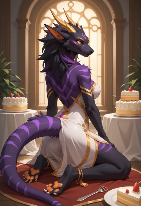 alone, score_9,score_8_up,score_7_up, anthro, female, Eothos,  looking at viewer, fluffy fur, furred dragon, golden mark on forehead, front half of body black with golden stripes, black long black ears, long straight golden horns, golden glowing eyes witho...