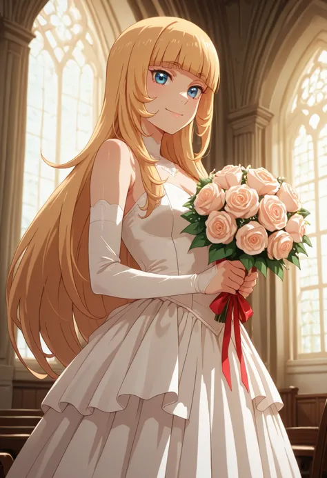 looking at viewer, solo, 1girl, girl, indoors, church, day, smile, aamarie, blue eyes, blonde hair, blunt bangs, wedding dress, white wedding dress, anime coloring, ((standing, holding bouquet, cowboy shot))
