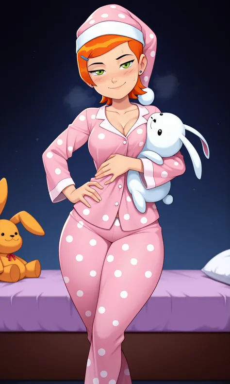 masterpiece, best quality, high quality, Gwen_Tennyson, 1girl, solo, orange hair, short hair, green eyes, 1 girl, pajamas, pink pajamas only, ((focus on face)), red polka dots, pajama hat, hat, nightcap, sweat, smile, looking at viewer, stuffed animal, hug...