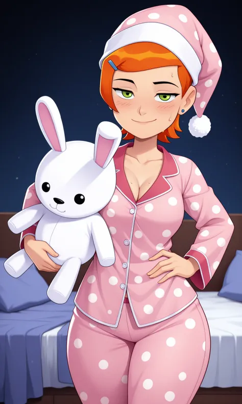 masterpiece, best quality, high quality, Gwen_Tennyson, 1girl, solo, orange hair, short hair, green eyes, 1 girl, pajamas, pink pajamas only, ((focus on face)), red polka dots, pajama hat, hat, nightcap, sweat, smile, looking at viewer, stuffed animal, hug...