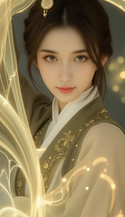 a serene and ethereal scene featuring a female figure dressed in flowing, intricate garments adorned with delicate patterns. She is surrounded by a soft, golden glow, and her long, dark hair is elegantly styled with ornate accessories. The figure appears to be holding a translucent, glowing object, possibly a magical artifact or a piece of ethereal energy. The background is softly blurred, emphasizing the figure and creating a dreamy, mystical atmosphere. The overall style is highly artistic and fantasy-inspired, with a focus on elegance and ethereal beauty.