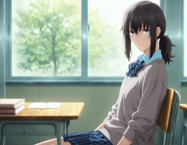 masterpiece, best quality, amazing quality, highres, absurdres, very aesthetic, high resolution, ultra detailed, perfect details, day,  , indoors, ufotable style, school, (dappled sunlight), backlight, from side, cowboy shot, window,
 
1girl, solo, ufotabl...