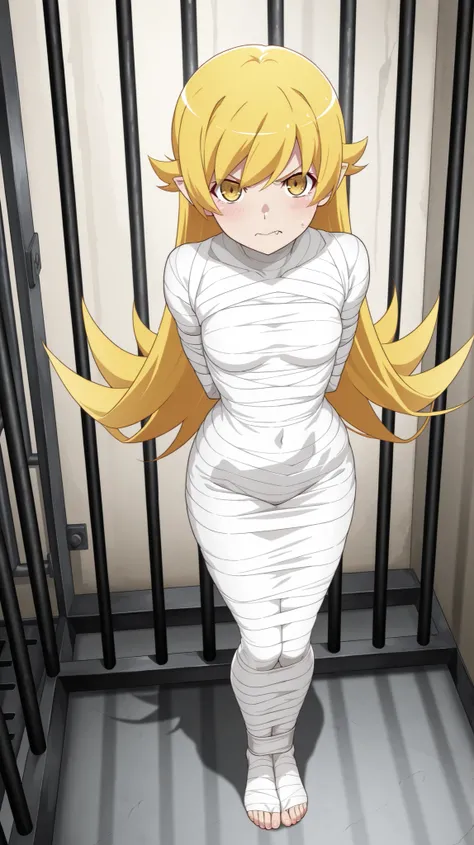 ,Monogatari Seriesoshino_shinobu, oshino shinobu, blonde hair, very long hair, yellow eyes, fang, pointy ears,

,White bandage,All White tape,Mummification Bondage of White,White mummy,White mummification,White mummified,feet together,bondage,wrappedupgirl...
