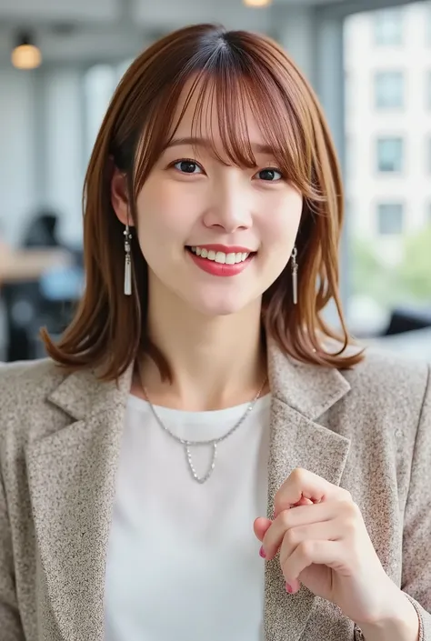 Neat Young Woman、and look at the camera、office lady suit、jacket、shirt、necklace、ear piercing、、、smile showing teeth、背景はオフィス