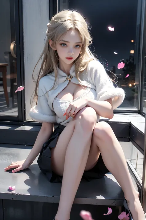 kegawacape,fur capelet,, ((masterpiece, best quality, ultra highres, realistic:1.4)), (Random shooting Angle), mix4, (At night, moonlight:1.3), beautiful detailed face, (photorealistic:1.37), (sexy long legs:1.2), slender figure, ((By the window, sit on t...