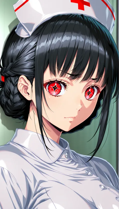 (Yokota Mamoru style),charming smiles,(portrait :1.4) 1 female, beautiful, ((wear black nurse clothes , nurse clothes based on black、with red accents, black hair, folded braids)), PURE BITCH, captivating body, ( raise eyebrows, evil_eye _sigma), sexy bo...