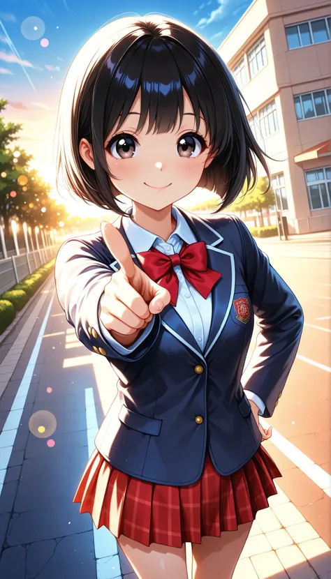 High Quality,4K,8K,real,フォトrealな,Like a painting,hyper-detailed,wearing a professional,Vivid Color,Bokeh,School building ,School Ground,18 year old,cute,tareme,black haired short bob,wearing a school blazer uniform,Pose pointing at the viewer, Smile Yan, E...