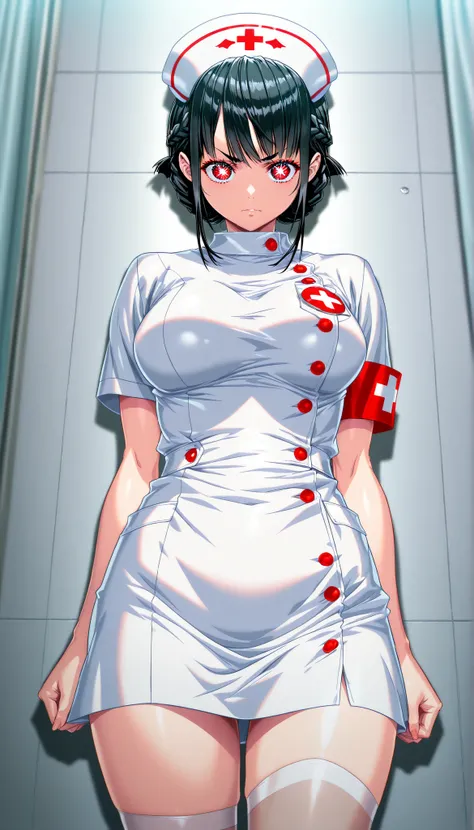 (Yokota Mamoru style),charming smiles,A Woman, beautiful, ((wear black nurse clothes ,  nurse clothes based on black、with red accents,  black hair, folded braids)), PURE BITCH, captivating body, ( raise eyebrows, evil_eye _sigma),  sexy body,  beautifuleye...