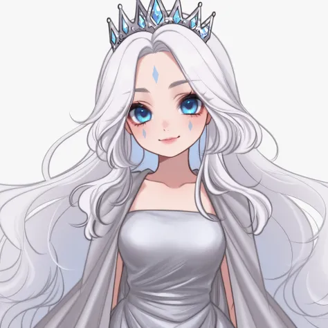  ,youngMoonbutterfly, 1girl, long hair, solo, silver dress, crown, white hair, facial mark, very long hair, standing, blue eyes, looking at viewer, cowboy shot,simple background, smile,