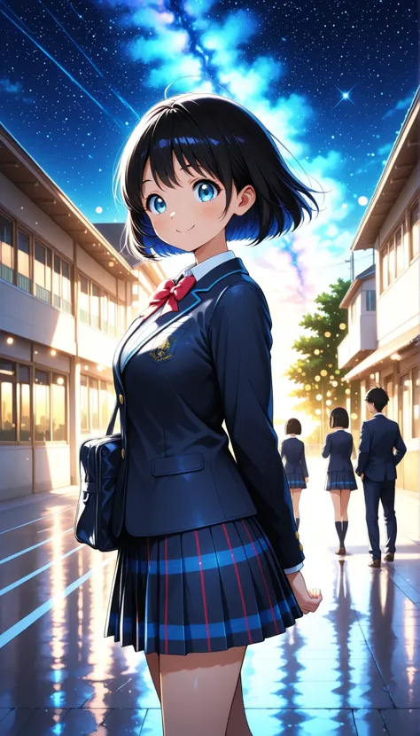 High Quality,4K,8K,real,フォトrealな,Like a painting,hyper-detailed,wearing a professional,Vivid Color,Bokeh,School building , 18 year old,cute,tareme,black haired short bob,wearing a school blazer uniform,Viewers surprised , surprised, Smile Yan, Expressive,n...