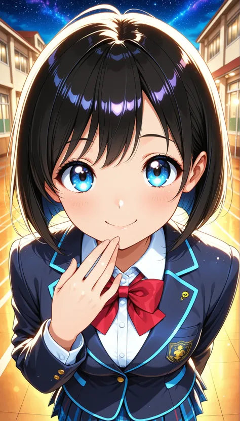High Quality,4K,8K,real,フォトrealな,Like a painting,hyper-detailed,wearing a professional,Vivid Color,Bokeh,School building , 18 year old,cute,tareme,black haired short bob,wearing a school blazer uniform,stares at the viewer, open your mouth, Smile Yan, Look...