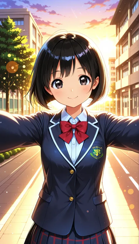 High Quality,4K,8K,real,フォトrealな,Like a painting,hyper-detailed,wearing a professional,Vivid Color,Bokeh,School building , 18 year old,cute,tareme,black haired short bob,wearing a school blazer uniform,stares at the viewer, Extend your arms, Smile Yan, Fac...