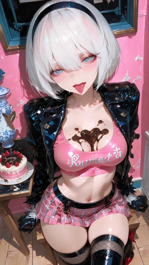 2B (Nier Automata) a beautiful youth woman in a provocative pose, wearing a black latex outfit with blue accents. the image also shows a woman standing in the middle of the frame, facing the viewer with a seductive expression, with her tongue sticking out ...