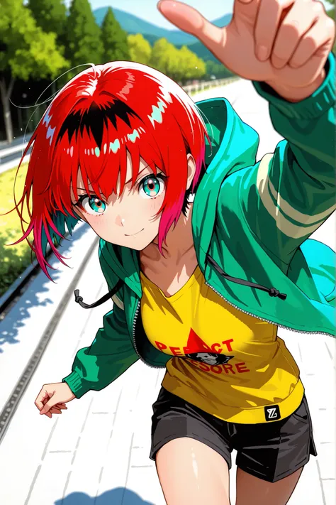 1girl, amate yuzuriha,short hair,red hair,multicolored hair,aqua eyes,multicolored eyes,clear yellow T-shirt,green zip up hoodie,black short pants,depth of field, fake traditional media, Picturesque, Impressionism, masterpiece, high score,  Great score , v...