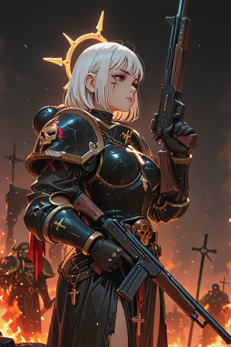 Sister of battle from Warhammer 40k White hair,Short hair,Cross tattoo on face,S