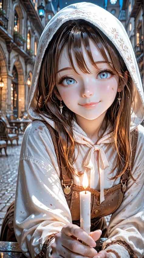Dynamic perspective angle shot, A digital art image shows the matchstick girl, long brown hair, pale white skin, bright blue eyes, light a matchstick . She has a hopeful smile watching her light .She wears poor peasant girl from Victoria era, complete with...