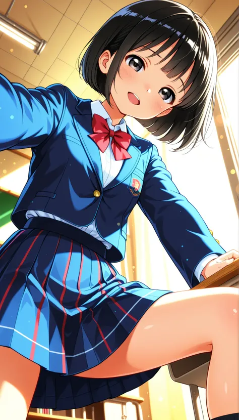 High Quality,4K,8K,real,フォトrealな,Like a painting,hyper-detailed,wearing a professional,Vivid Color,Bokeh,School building , 18 year old,cute,tareme,black haired short bob,wearing a school blazer uniform,stares at the viewer, from below, torogao, Face Closeu...