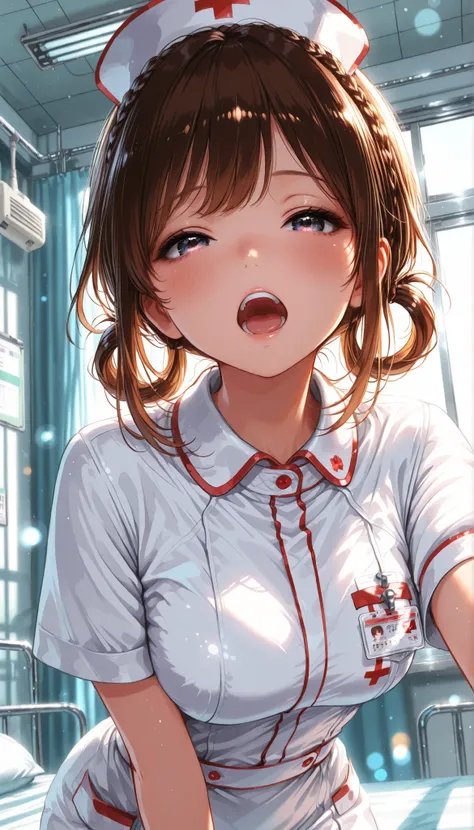 High Quality,4K,8K,real,フォトrealな,Like a painting,hyper-detailed,wearing a professional,Pale colors,Bokeh,清潔なHospital room, 18 year old,cute,brown hair, Crown braid, hair rings, nurse uniform,stares at the viewer, Face Closeup, Laughter, open your mouth, Ex...