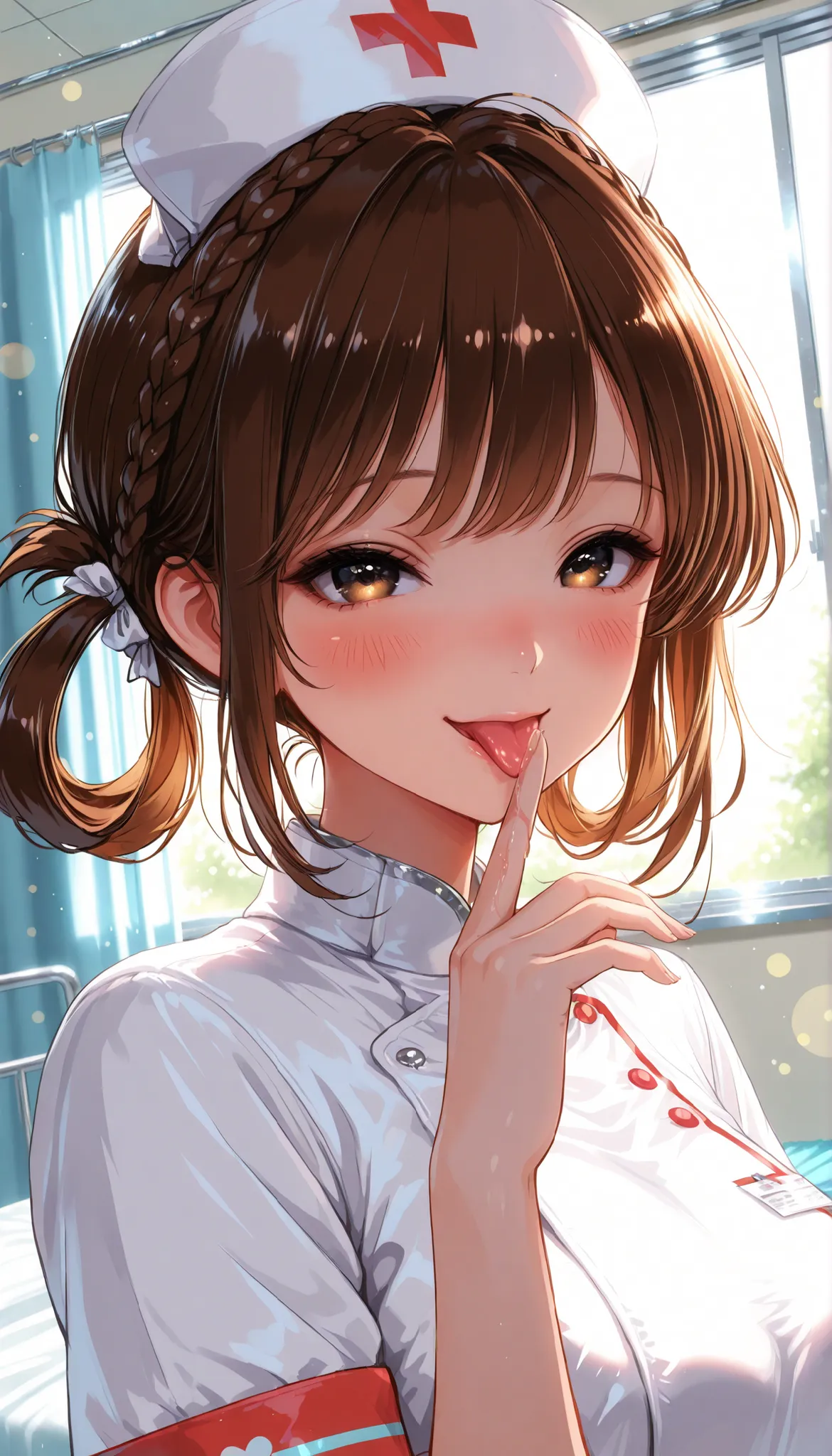High Quality,4K,8K,real,フォトrealな,Like a painting,hyper-detailed,wearing a professional,Pale colors,Bokeh,清潔なHospital room, 18 year old,cute,brown hair, Crown braid, hair rings, nurse uniform,stares at the viewer, Face Closeup, Blush, smiling, Licking finge...