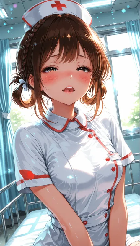 High Quality,4K,8K,real,フォトrealな,Like a painting,hyper-detailed,wearing a professional,Pale colors,Bokeh,清潔なHospital room, 18 year old,cute,brown hair, Crown braid, hair rings, nurse uniform,stares at the viewer, Face Closeup, Blush, torogao, Expressive,na...