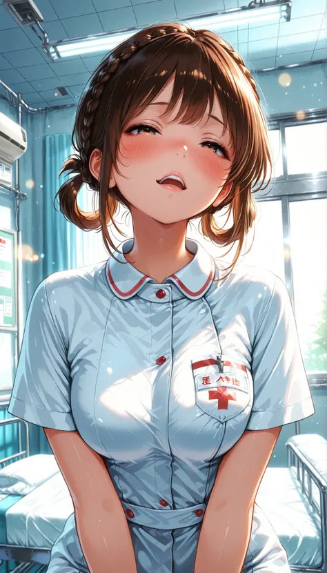 High Quality,4K,8K,real,フォトrealな,Like a painting,hyper-detailed,wearing a professional,Pale colors,Bokeh,清潔なHospital room, 18 year old,cute,brown hair, Crown braid, hair rings, nurse uniform,stares at the viewer, Face Closeup, Blush, torogao, Expressive,na...