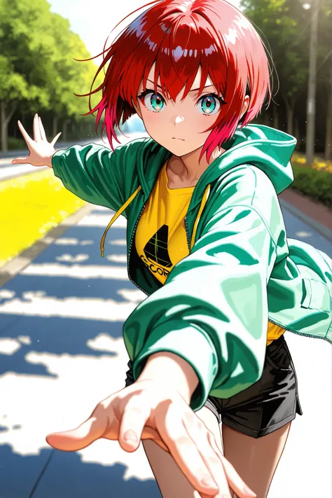 1girl, amate yuzuriha,short hair,red hair,multicolored hair,aqua eyes,multicolored eyes,clear yellow T-shirt,green zip up hoodie,black short pants,depth of field, fake traditional media, Picturesque, Impressionism, masterpiece, high score,  Great score , v...