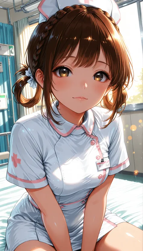 High Quality,4K,8K,real,フォトrealな,Like a painting,hyper-detailed,wearing a professional,Pale colors,Bokeh,清潔なHospital room, 18 year old,cute,brown hair, Crown braid, hair rings, nurse uniform,stares at the viewer, Face Closeup, ah can be, Expressive,natura...