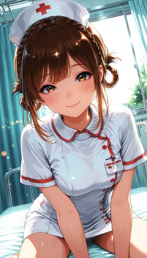 High Quality,4K,8K,real,フォトrealな,Like a painting,hyper-detailed,wearing a professional,Pale colors,Bokeh,清潔なHospital room, 18 year old,cute,brown hair, Crown braid, hair rings, nurse uniform,stares at the viewer, Face Closeup, Smile Yan, wave, Expressive,n...