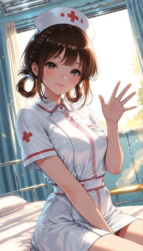 High Quality,4K,8K,real,フォトrealな,Like a painting,hyper-detailed,wearing a professional,Pale colors,Bokeh,清潔なHospital room, 18 year old,cute,brown hair, Crown braid, hair rings, nurse uniform,stares at the viewer, Face Closeup, Smile Yan,  hand waving pose,...