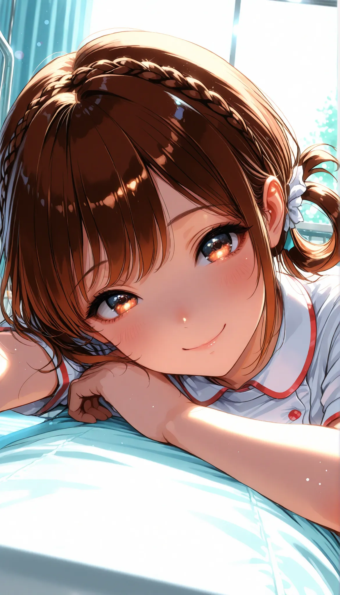 High Quality,4K,8K,real,フォトrealな,Like a painting,hyper-detailed,wearing a professional,Pale colors,Bokeh,清潔なHospital room, 18 year old,cute,brown hair, Crown braid, hair rings, nurse uniform,stares at the viewer, Face Closeup, Smile Yan, Lying down pose, E...