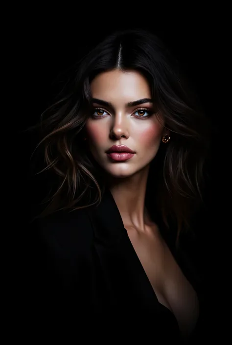 a young beautiful woman with long hair, (in ribbed crop top and leather pants on dark monochrome backdrop), (fine facial features), Tousled luxuriant hair, Supermodel, wavy hair, High resolution, (Masterpiece, Best Quality, High Quality:1.4), Intricate Det...