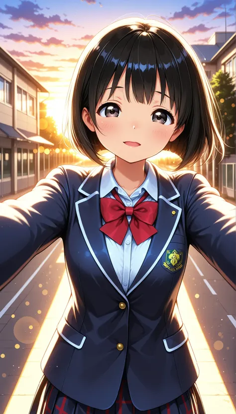 High Quality,4K,8K,real,フォトrealな,Like a painting,hyper-detailed,wearing a professional,Vivid Color,Bokeh,School building , 18 year old,cute,tareme,black haired short bob,wearing a school blazer uniform,stares at the viewer, Extend your arms, torogao, Face ...