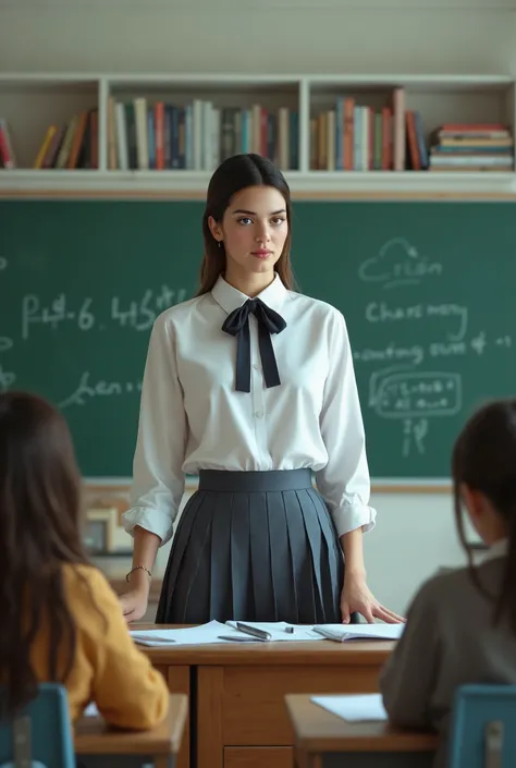 female teacher wearing a schoolgirl unform while teaching a class in a classroom