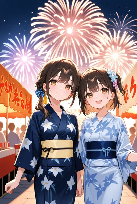 2 girls side by side、small breasts、Summer Festival、yukata、 Fireworks