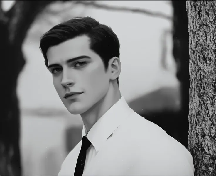 Man in shirt and tie, standing next to a tree, well-groomed model , extremely beautiful, beautiful and attractive, handsome man, style very beautiful, beautiful and elegant, handsome man, pretty face, who finds, round face, inspired by Ramon Pichot, perfec...