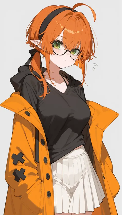 girl,doll with glasses,orange hair,Short hair, in brown eyes,Pointed ears,big breasts,slim,miniskirt,black and white socks,cute,Fierce face,Single Strap,Oversized Coat,Black Shirt,Headband,Black Tie,white skirt,Pleated skirt,Black T-Shirt,Upper Body Shape,...