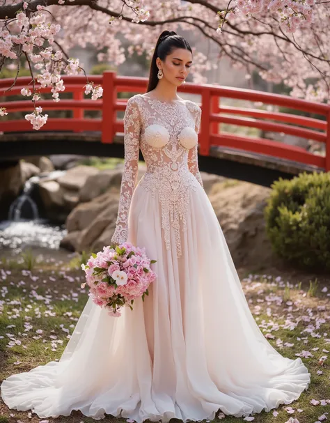 "A charming Egyptian bride, wearing a modern cherry blossom theme wedding look, showing her elegance and sexy from a full body perspective. Hair style combines traditional Egyptian elegance and modern fashion, high ponytail with natural micro-credded hair ...