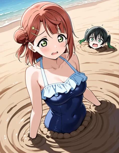 masterpiece, best quality, ultra detailed, highres, 4k, score_9, score_8_up, score_7_up, source_anime, (2girls, ayumu uehara, yuu takasaki, love live! nijigasaki), beach, frilly swimsuits, scared, tears in their eyes, (ayumu and yuu sinking in quicksand, q...